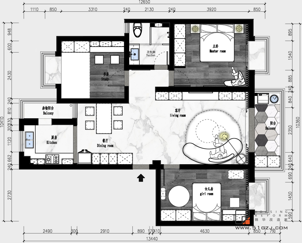 天润城老房翻新-110平米-现代简约装修-三室两厅-现代简约