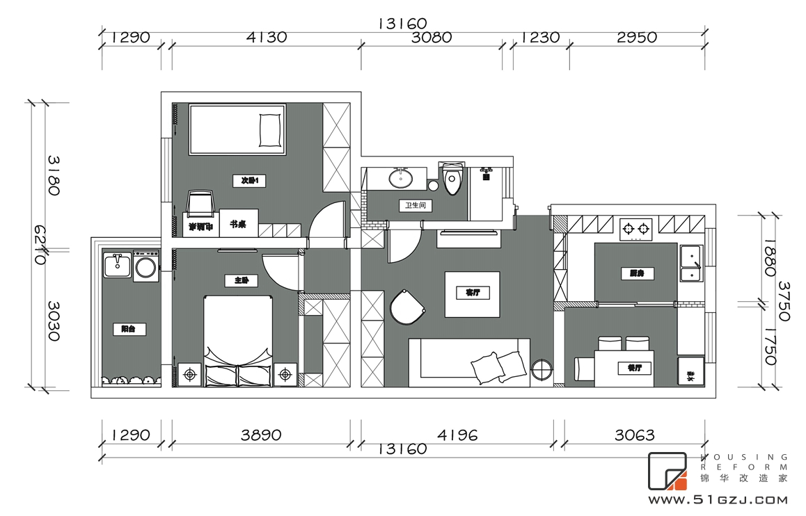 宁海路二手房装修-90平米-现代简约装修-两室一厅-现代简约